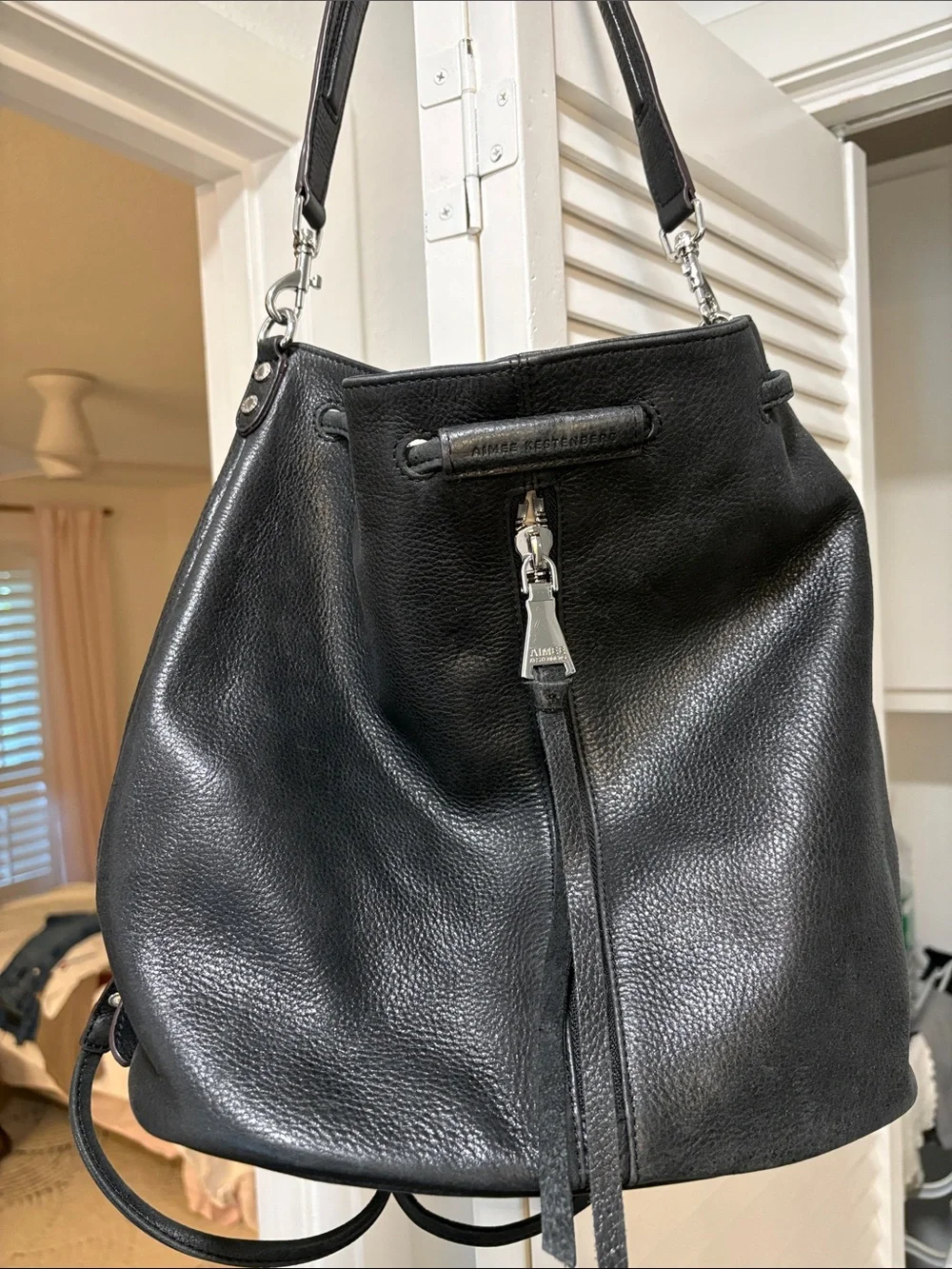 Aimee Kestenberg Black Pebbled Leather Hobo with Tassel Zip